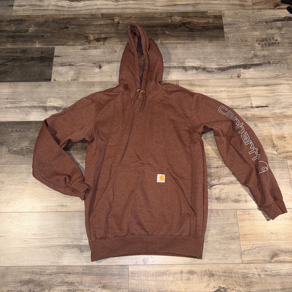 Carhartt K288 Hoodie Mens Small Brown Logo Sleeve Pullover Sweatshirt Workwear